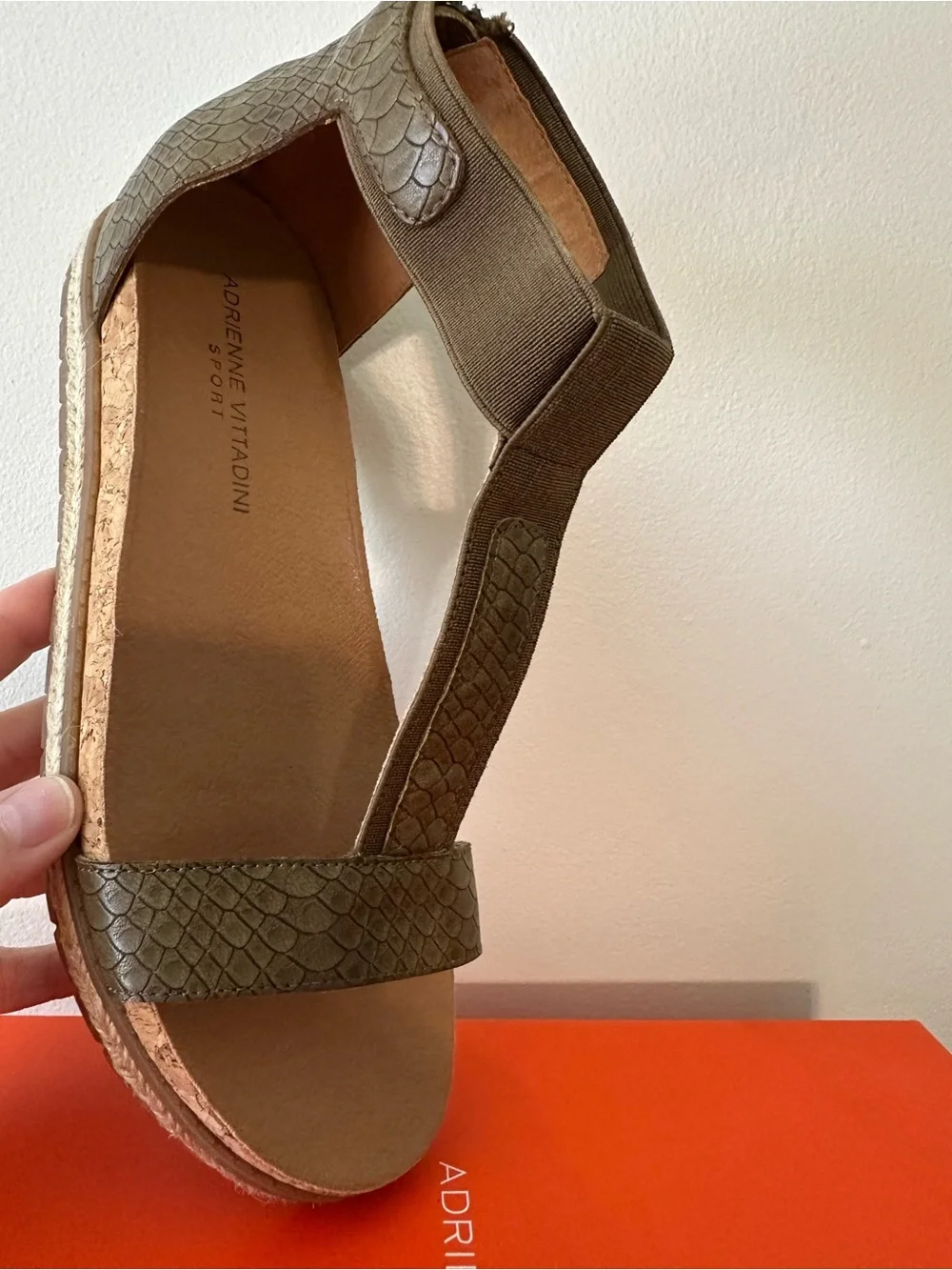 Adrienne Vittadini Olive Textured T-Strap Cork Platform Sandal
